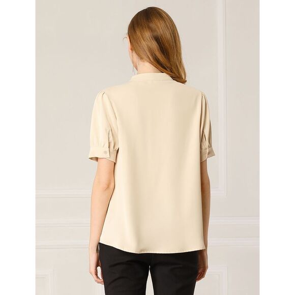 Top Puff Sleeve Half Placket Ruffled Shirt Blouses Apricot - Picture 5 of 6